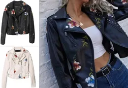 Autumn Floral Print Bordado Faux Soft Leather Jacket Women PU Motorcycle Coat Female Black Punk Zipper Rivet Outerwear