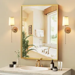 16 "X22" Guldbadrumspegel för fåfänga, modern väggmonterad rektangelspegel, borstad guld inramad rektangulär väggspegel