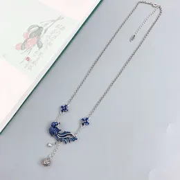 Pendants 925 Silver Clavicle Chain Blue Enamel Phoenix Tassel Necklace For Women Vintage Style Exquisite Pendant Banquet Jewelry