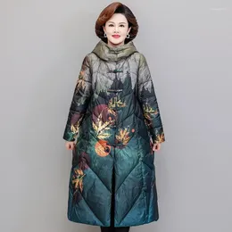 Women's Trench Coats MODX Style Vintage Single Breasted Ultra Light Down X-long Coat Winter Women White Duck Jacket Ink Painting Outwear