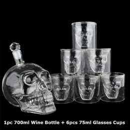 Crânio de cristal cabeça s óculos copo conjunto 700ml uísque vinho garrafa de vidro 75ml copos decanter casa bar vodka beber canecas 2108272709