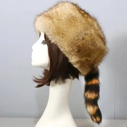 Berety miękki pluszowy fałszywy futrzany kapelusz z długimi ogonami Kobiety narty ciepłe zimowe na zewnątrz zagęszczone wiatrowoodporne czapki ochrony ucha