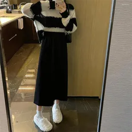 Skirts Pleated Skirt Thick Warm Solid Color A-line Midi For Women With Elastic High Waist Loose Split Fall Winter Commuting