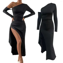 Freizeitkleider Damen One Shoulder Long Sleeve Sexy High Slit Hochzeitsgast Party Maxikleid für Frauen Little