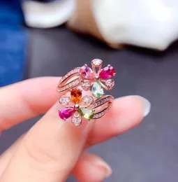 Cluster Rings MeiBaPJ Natural Candy Tourmaline Colorful Flower Ring For Women Real 925 Sterling Silver Charm Fine Wedding Jewelry