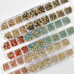 12 Grid Set Small Round Nail Art Decoration Pointed Bottom K9 Colored Glass Mixed Size Manicure DIY Accessories 240219