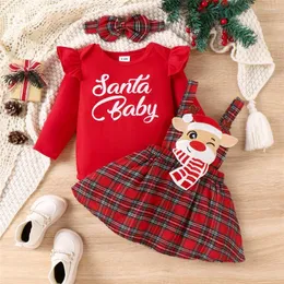 Комплекты одежды для детей 0-18 месяцев, одежда для маленьких девочек, красный комбинезон с буквенным принтом, клетчатые юбки с оленями, головные уборы, рождественские наряды, костюм