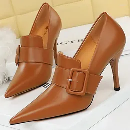 Dress Shoes 2024 Pointed Women Pumps Belt Buckle Decoration High Heels Pu Leather Female Stilettos Office Career