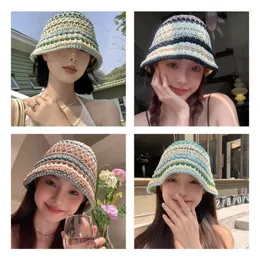 Berets Knit Bucket Hat For Woman Breathable Multiple Color Weaving Wide Brim Adult Teens Summer Fisherman Cap Dropship