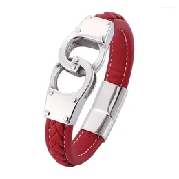 Charm Bracelets Punk Men Red Braided Leather Bracelet Stainless Steel Handcuffs Magnetic Buckle Male Wristband Jewelry Gifts PD0742