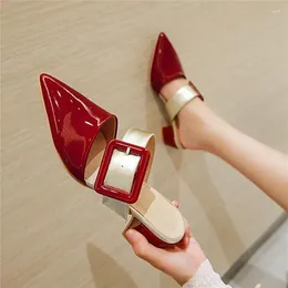 Sandals Women Mules Med Heels Patent Leather Pointed Toe Buckle Thick Heel 2024 Sexy Fashion Outside Casual Big Size34-48