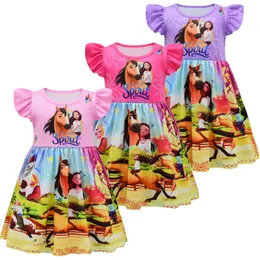 Girl Dresses Girls Spirit Riding Free Dress Children Horse Flutter Sleeve Cusual Kids Birthday Party Clothes 2-7Y