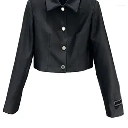 Damenjacken Frauen Wollmischung Revers Schwarz Kurze Jacke Hochwertige Metall Einreiher Schlankheitsmantel 24Runway Solide Y2K Kleidung Koreanisch
