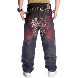 Мужские мешковатые джинсы для скейтборда размера плюс 30-46 дюймов, свободные широкие брюки в стиле хип-хоп с вышитыми цветочными крыльями, мужские джинсовые брюки Tide