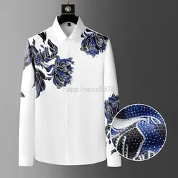 Vintage Rhinestones Flower Shirts For Men Streetwear Casual Business Dress Shirt Social Party Tuxedo Men Clothing