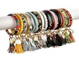 Tassels Bracelets Women PU Leather Wrap Key Ring Leopard Keychain Wristband Candy Color Drip Oil Bracelet Chains1289957
