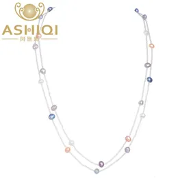 Ashiqi 120 cm lång flerfärgad barock färskvattenpärlhalsband kristallpärlor halsband 925 sterling silver lås 240220