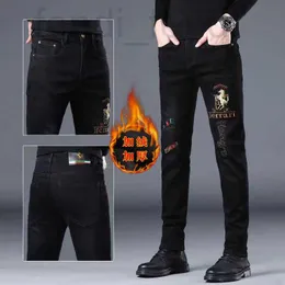 Men's Jeans designer Hong Kong hot diamond embroidered plush jeans for men in autumn and winter, new high-end men's trendy slim fit pants winter SHUJ