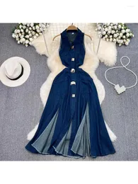 Casual Dresses 2024 Vintage Polo Neck Hollow Waist Show Slim Dress Wrap Sleeveless Single Breasted A-line Split Denim