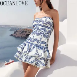 Swobodne sukienki Oceanlove wiosenne lato dla kobiet haftowane marszczenia vintage bez rękawów sexy vestidos ins moda mini sukienka elegancka elegancka