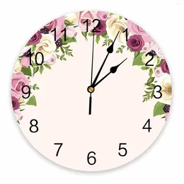 Wall Clocks Pink Rose Flower Decorative Round Clock Arabic Numerals Design Non Ticking Large For Bedrooms Bathroom