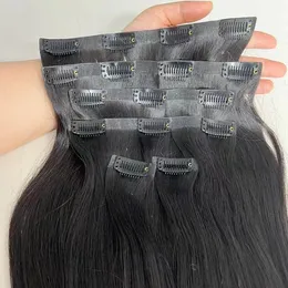 Double drawn silky straight seamless clip in hair extensions jet black color1 150g skin weft with pu clip-in tape hair extension bone straight