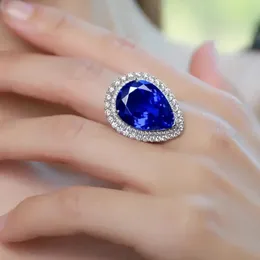 우아한 수제 결혼 반지 간단한 패션 쥬얼리 925 스털링 실버 워터 드롭 블루 사이파이어 CZ 다이아몬드 보석 영원한 오픈 조정 가능한 반지 선물