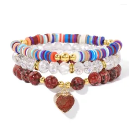 Set di braccialetti in pietra di granito di cristallo di argilla polimerica Set di braccialetti colorati di perline di Boemia con pendente a cuore rosso, regalo per bambini e ragazze