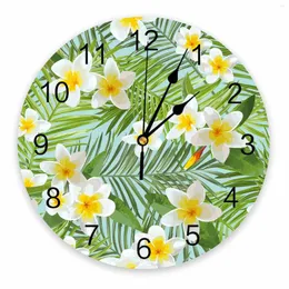 Wall Clocks Tropical Palm Leaves Flowers Green Decorative Round Clock Custom Design Non Ticking Silent Bedrooms Large