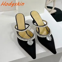 Slippers Pearl Straight Strap Outside Slingback Pointed Toe Slip On Sexy Thin Heels Bling Crystal Shallow Fashion Women's Shoes