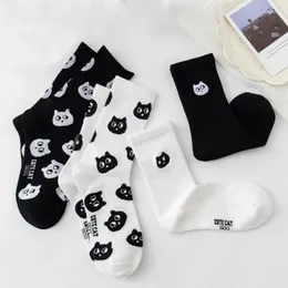 Women Socks Cat Black White Couple Street Embroidered Kitten Mid-tube Cute Cotton Cartoon Men Funny Short Casual Creative