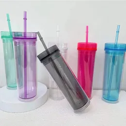 Tumblers 15Pcs/16oz Plastic Clear Skinny Tumbler With Lid Straw Acrylic Water Cupc Juice Bottle Glass Portable Gift For Man