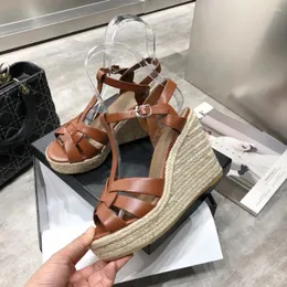 Sandals Casual Designer Fashion Women Shoes Brown Genuine Leather Strappy Wedge High Heels Sandalias Slingback Zapatos Mujer