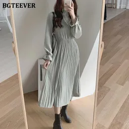 Casual Dresses BGteever Elegant Stand Collar Flare Sleeve Women A-Line Dress Chiffon Midi Female Elastic Midje veckade Vestidos 2024