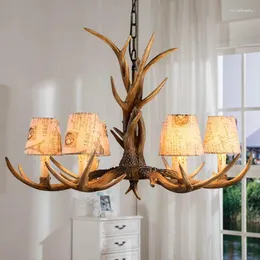 Chandeliers 6 Lights Vintage Deer Chandelier Antlers Resin Candle Fixtures With Alphabet Cloth Lampshade Christmas Decor Lustres
