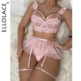 BRAS SETS ELLOLACE Ruffle Lace Lingerie See Through Sexy Outfits Bra Kit Push Up Seamless Underwear Sissy Tulle strumpor Exotic