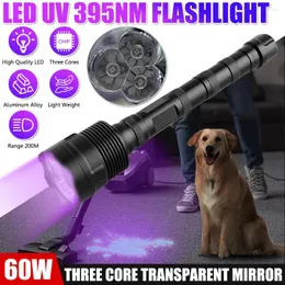 懐中電灯トーチ60W 395NM LED UV懐中電灯Ultraviolet Torch Purple Light Lamp充電式ズーム黒いペット尿染色検出器