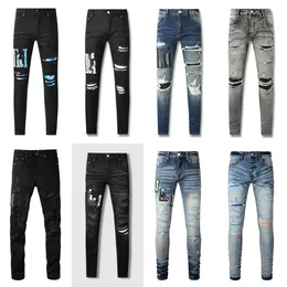 Purple Mens Pants American High Street Sier Patchwork Ripped Leather Couple Style Foreign Trade Cross-border Black Designer Jeans