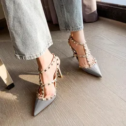Dress Shoes Riveted Pointed High Heels Thin Spring/summer 2024 Genuine Leather Straps Medium Toe Wrap Fashion Sandals