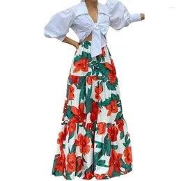 Ethnic Clothing 2024 African Clothes For Women 2 Piece Spring Fashion Long Sleeve V-neck Print Top Skirts Matching Sets Dashiki