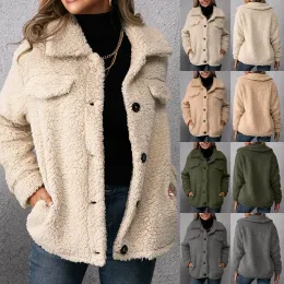 Jackor Vinterjackor för kvinnor Autumn Winter Lambwool Cardigan LongSleeved Lapel Double -Face Fleece Solid blus Chaquetas