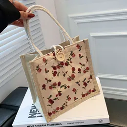 Retro keten el çantası kadınlar büyük kapasiteli çiçek baskı alışveriş tote seyahat bakkal depolama çantası mini hediye paketleme torbası