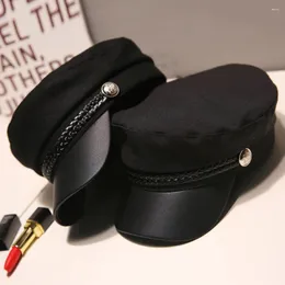 Berets Cadete Senhoras Primavera Outono Preto Flat Top Capitão Chapéu Octogonal Boina Caps Chapéus de Marinheiro