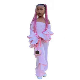 1-8 anni set di abbigliamento per bambini camicia a maniche lunghe con spalla rosa top + pantaloni a pieghe abbigliamento autunnale per bambini e ragazze 240225