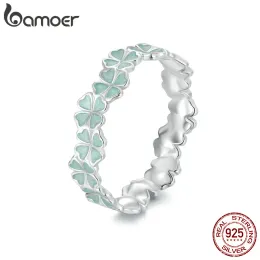 Ringar Bamoer 925 Sterling Silver Fourleaf Clover Ring Mint Green Leaves Vine Ring Fine Jewelry Gift for Women Party