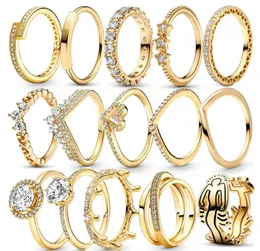 925 Silverkvinnor Fit Pandra Ring Original Heart Crown Fashion Rings Gold Plated Zircon Sparkling Princess Wishbone