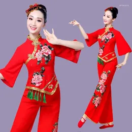 Palco desgaste estilo hanfu yangko desempenho quadrado dança traje ventilador guarda-chuva tradicional chinês