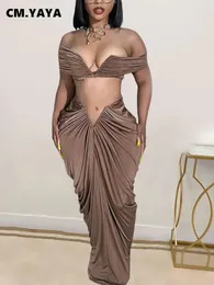 CM.YAYA yığılmış dantelli kadın, omuz mahsul üst ve düşük bel maksi uzun etekler seksi parti iki 2 adet set kıyafetleri 240220