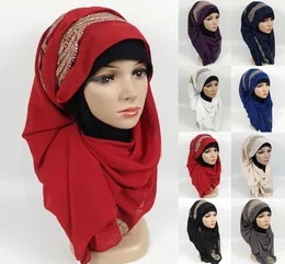 180x75 cm högkvalitativ chiffongkvinnor halsduk vanlig muslimsk lång sjal strass hijab huvudduk lady hood wraps stole5721641