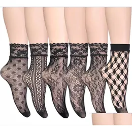 Socks Hosiery Lace Fishnet Ankle Elastic High Dress Hollow Out Mesh Net Tights Women Summer Sexy Wearing Black Drop Delivery Appar Dhcqk